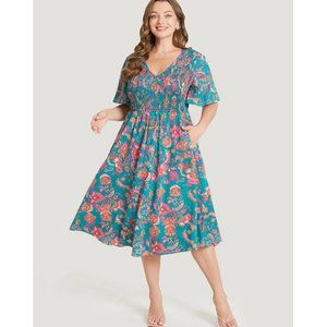 NWT Bloomchic Teal Bandana Pocket Shirred V Neck Ruffle Hem Dress Size 14-16/1X